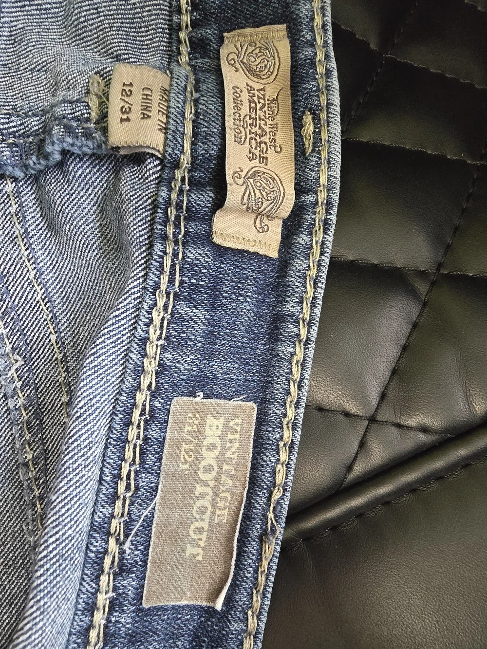 Vintage America Dark Blue Bootcut Jeans with Rhinestone Swirl Pockets